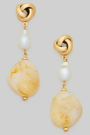 Gold Dipped Knot Post With Pearl Marble Drop Earri