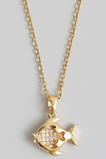 Stainless Hollowed Cz Fish Pendant Necklace