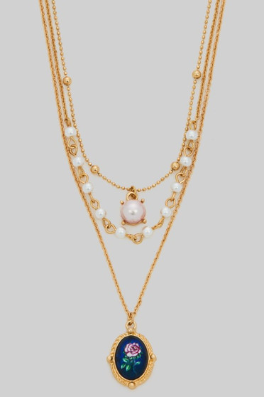Triple Layered Pearl And Floral Portrait Necklace