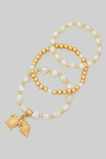 Three Piece Turtle Shell Pearl Stretch Bracelets
