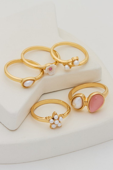 Five Piece Pearly Flower And Stone Ring Stack Set