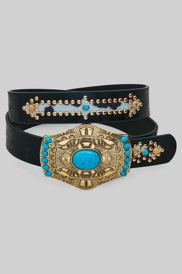 Turquoise Buckle Western Theme Cowhide Pattern Bel