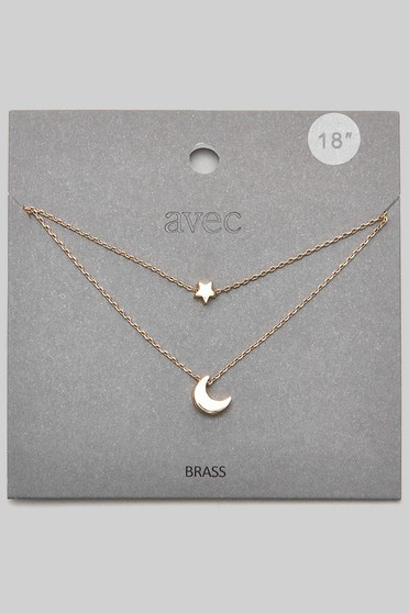 Layered Moon And Star Pendant Brass Necklace