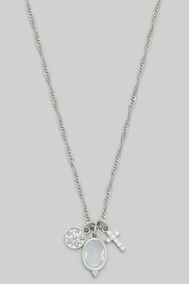 Oval Stone Cz Cross Three Charm Necklace