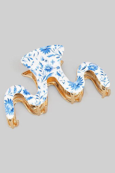 Wavy Metal Hair Clip With Floral Print