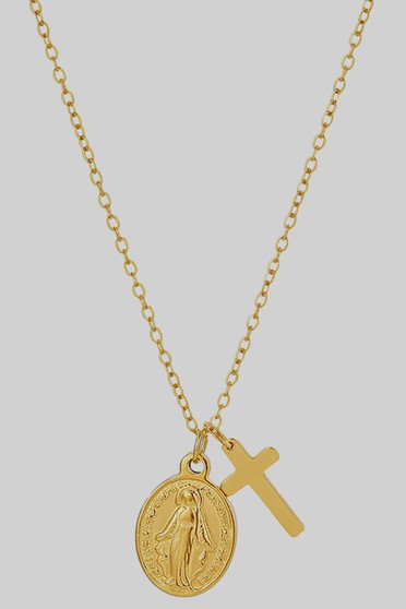 Stainless Steel Saint And Cross Pendant Necklace