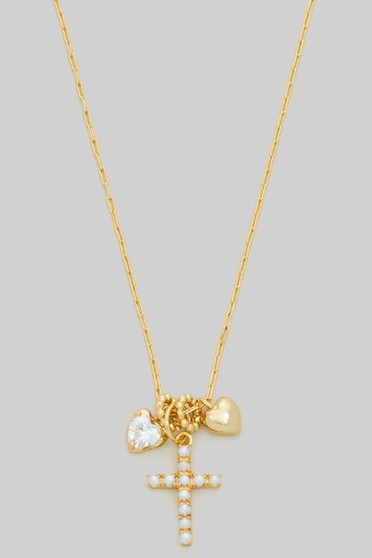 Ac Cross Cz Heart Rondelle Charm Necklace