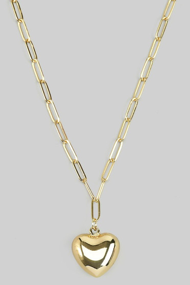 Paper Clip Chain Necklace With Puff Heart Pendant