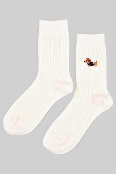Cable Knit Socks With Embroidered French Hot Dog