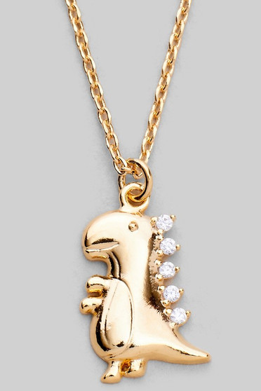 Dainty Brass Dinosaur Pendant Necklace With Pave