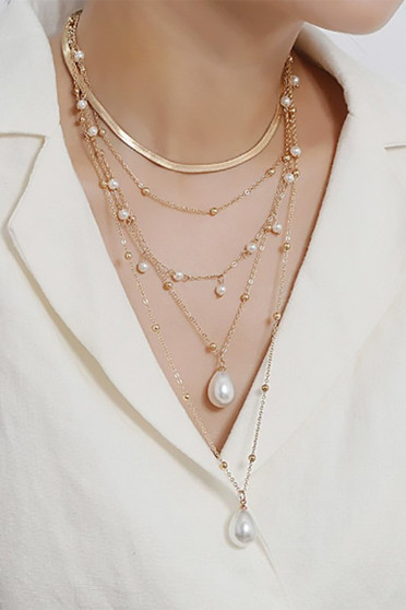 Five Layered Chain Necklace With Beads And Pearls