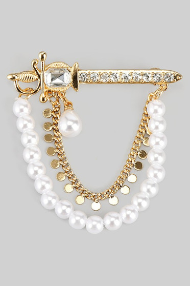 Cz Sword Brooch Pin With Dangling Chain And Pearls