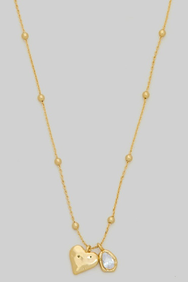 Hammered Heart And Cz Charm Ball Chain Necklace
