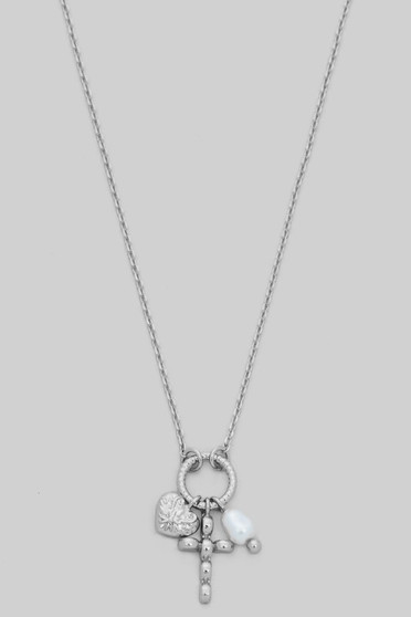 Dainty Heart Cross And Pearl Charm Necklace