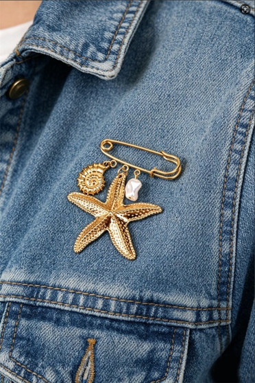 Stainless Steel Brooch Pin Starfish And Pearl Char
