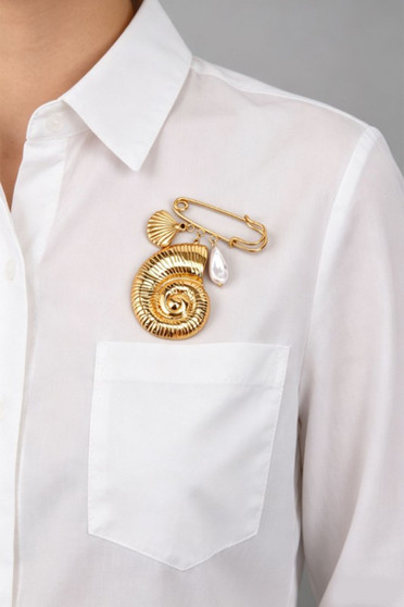 Stainless Steel Brooch Pin Shell And Pearl Charms
