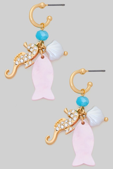 Marbled Acrylic Fish Seahorse Cz Charm Hoops