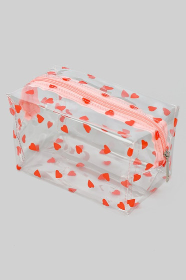 Clear Zip Makeup Essential Pouch With Heart Print