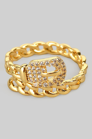 Twisted Brass Chain Belt Ring With Cz Detail