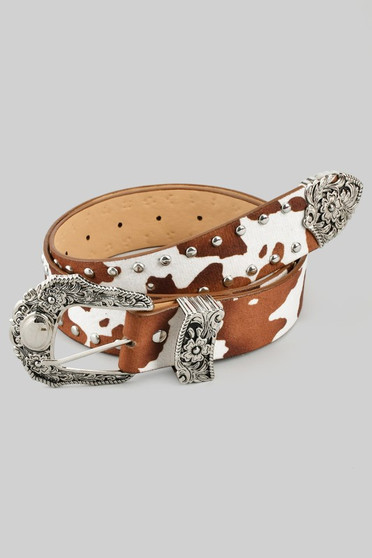 Western Cow Print Belt With Floral Buckle