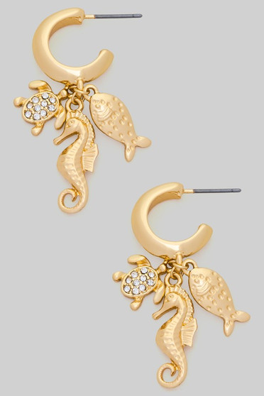 Cz Turtle Fish And Seahorse Charm Hoops