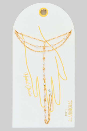Pearl Strand Layered Brass Chain Hand Bracelet