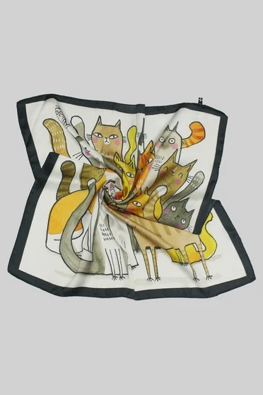 Whimsical Cartoon Cat Print Silky Square Scarf