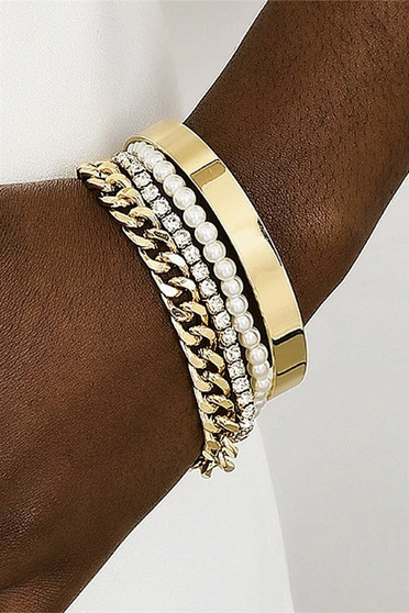 Four Piece Bracelet Set Cuff Stretch Chain Pearl