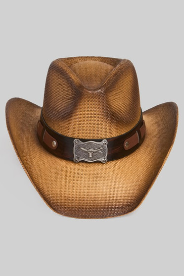 Vintage Straw Cowboy Hat With Longhorn Steer Plate