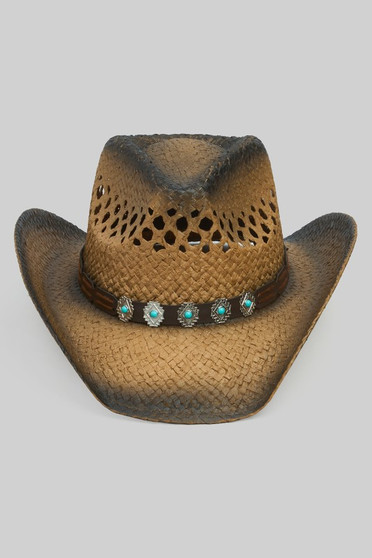 Aged Two Tone Cowboy Hat Tq Stone On Faux Leather 