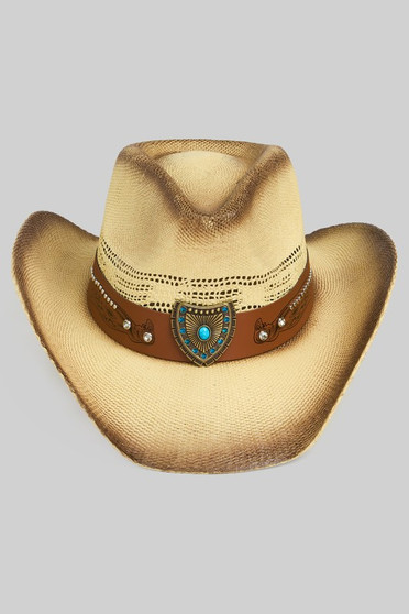 Vented Vintage Cowboy Straw Hat W Aztec Sheild