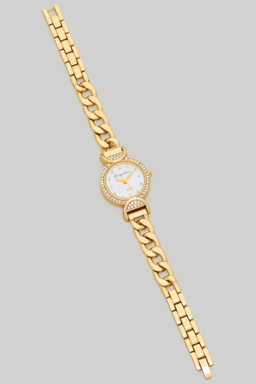 Cz Stone Bezel Round Face Chain Link Watch