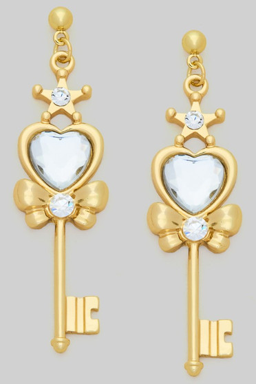 Brass Key Drop Earrings With Stone Detail