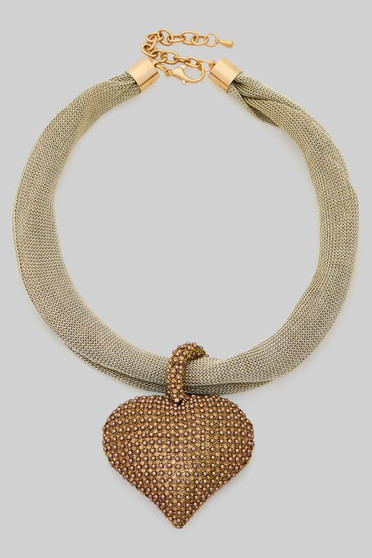 Fabric Mesh Necklace With Rhinestone Heart Pendant