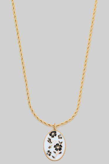Enamel Hummingbird Flower Oval Pendant Necklace