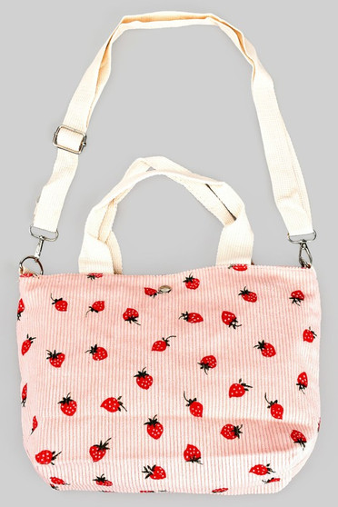 Corduroy Strawberry Print Handbag W Shoulder Strap
