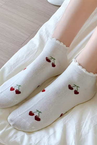 Ruffled Heart Cherry Print Ankle Socks