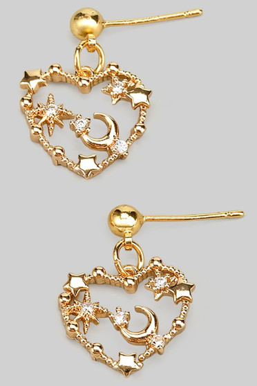 Brass Ball Studs With Cz Moon And Star Heart
