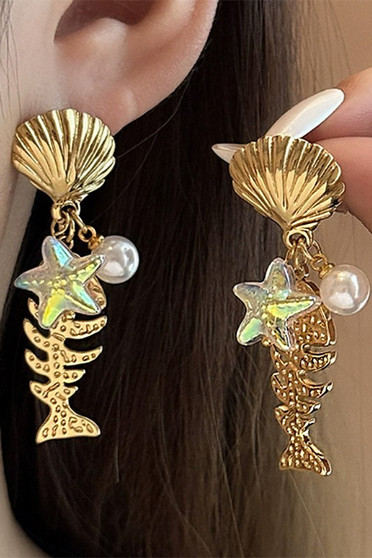 Stainless Steel Shell Fish Star Pearl Charm Earrings