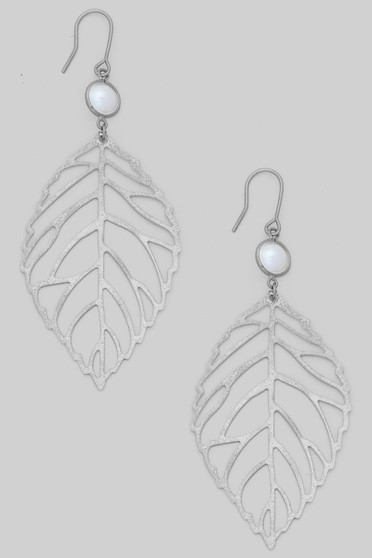 Cutout Leaf Drop Earrings With Pearl Accent