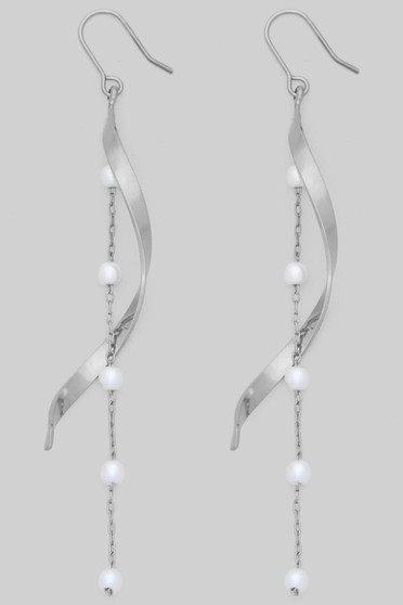 Twisted Brass Drop Earrings With Pearly Chain