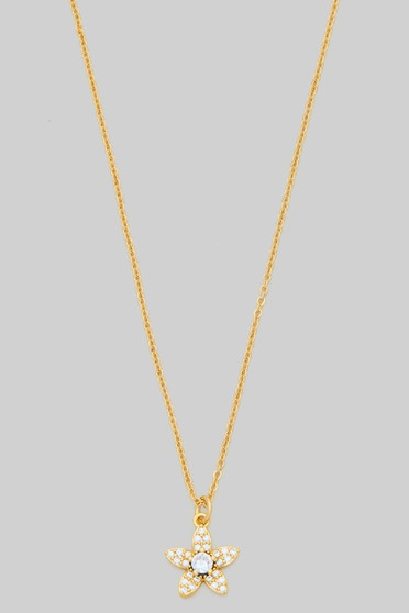 Dainty Cz Pave Flower Pendant Brass Necklace