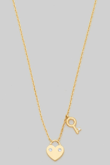 Dainty Heart Lock And Key Pendant Brass Necklace