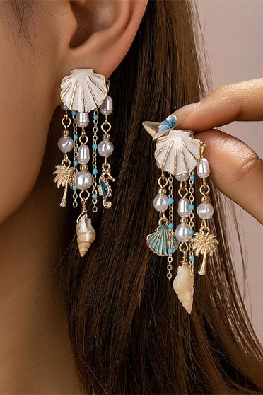 Lacquered Shell Ear Jacket With Shells And Pearls