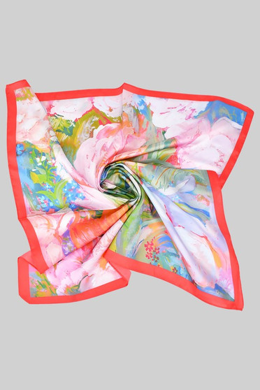 Silky Square Scarf With Multi Colored Floral Print