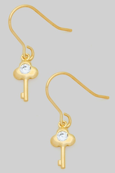 Dainty Brass Key With Cz Stone Fish Hook Earrings