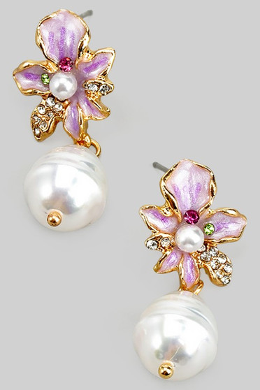 Lacquered Flower Post Earrings With Dangling Pearl