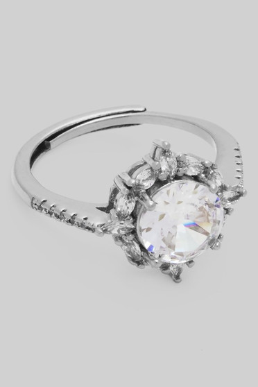 Adjustable Cz Round Stone Ring With Halo And Pave