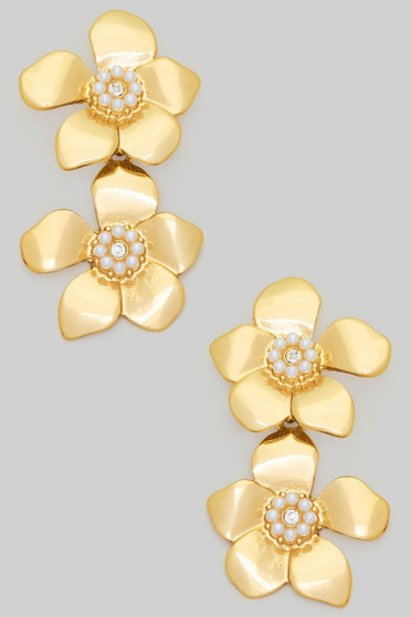 Tiered Brass Flower Drop Earrings With Pearl And Cz
