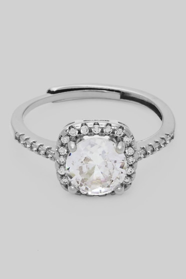 Adjustable Cz Round Stone Ring With Square Pave Halo